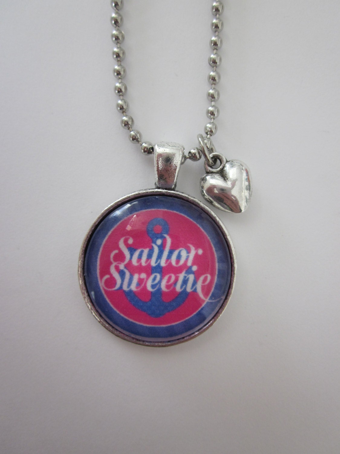 Sailor Sweetie Blue/Pink Glass Pendant Necklace With Silver Heart Charm