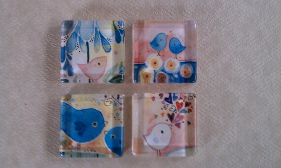 Whimsical Birds number one.  1 inch Square Glass Tile Magnets. Set of 4