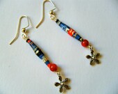 OOAK Recycled Material Magazine Rolled Paper Bead Purple Red Flower Dangling WIre Hook Earrings Lightweight Upcycled Repurposed Eco Jewelry