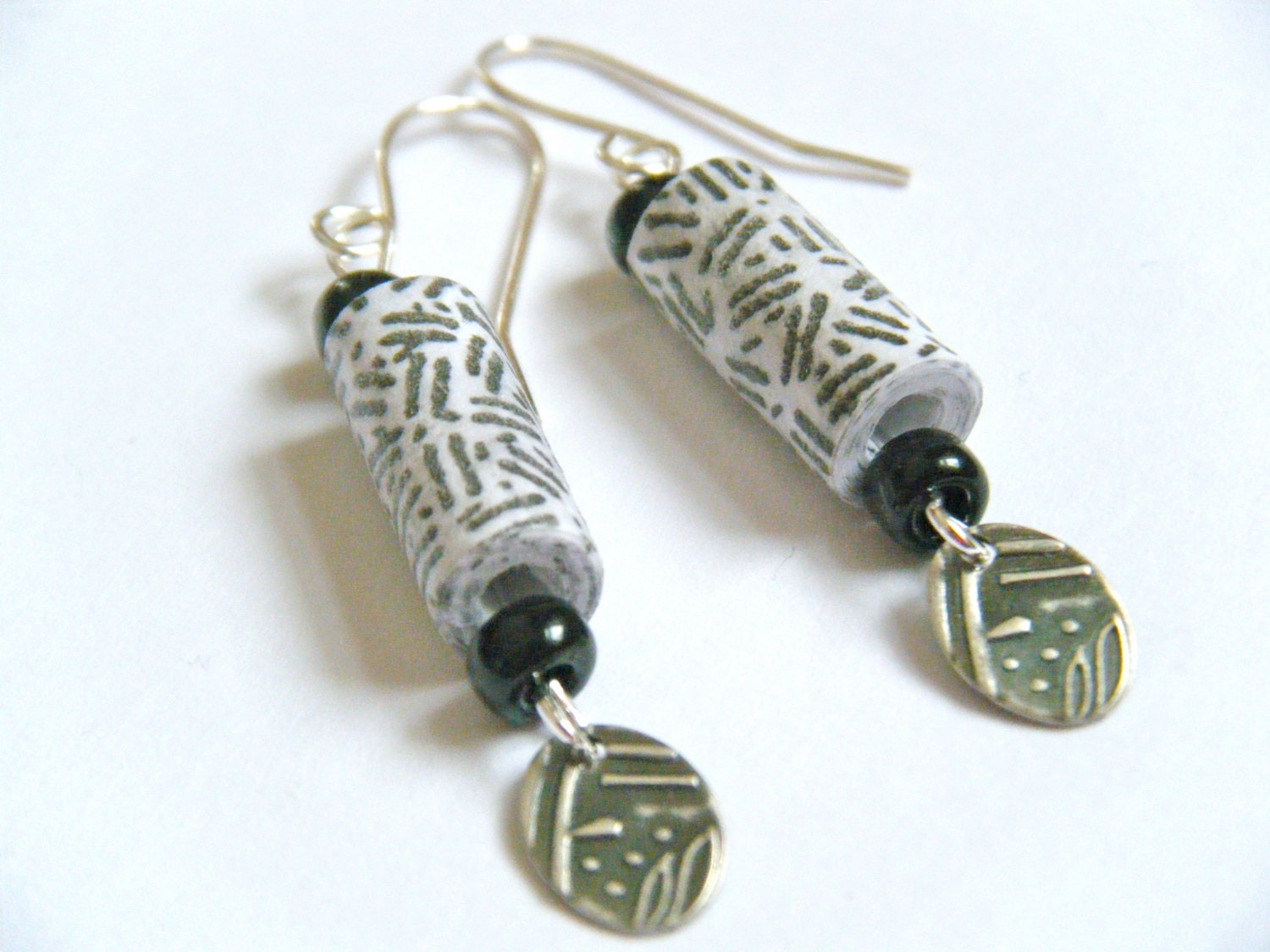 OOAK Asian Black White Paper Beads Silver Recycled Material Envelope Dangling WIre Hook Earrings Upcycled Repurposed Mail Jewelry