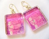 OOAK Purple Pink Goddess France French Postage Stamp Recycled Material Glass Tile Empowerment Woman Wire Dangle Earrings Jewelry Liberty