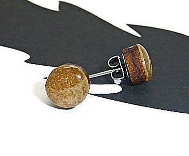 Round wooden stud post earrings camel and gold dust asymmetrical design