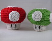 Mario Mushrooms set of 2 amigurumi mushrooms from Super Mario Bros. crochet doll, toy, plushie, geeky video game collectible.