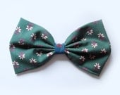 ON SALE dark green flower floral fabric butterfly green hair ribbon, gift for girls, cute handmade ribbon art, fabric bow, light navy blue