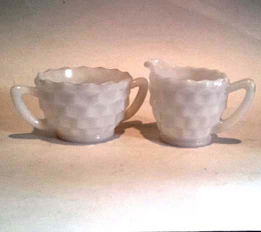 Milk White Depression Glass Sugar Creamer Set Cube Cubist Pattern Hazel Atlas