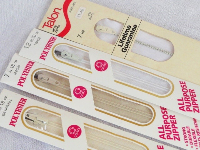 White Zippers, Lot of 4, Vintage Sewing Notions