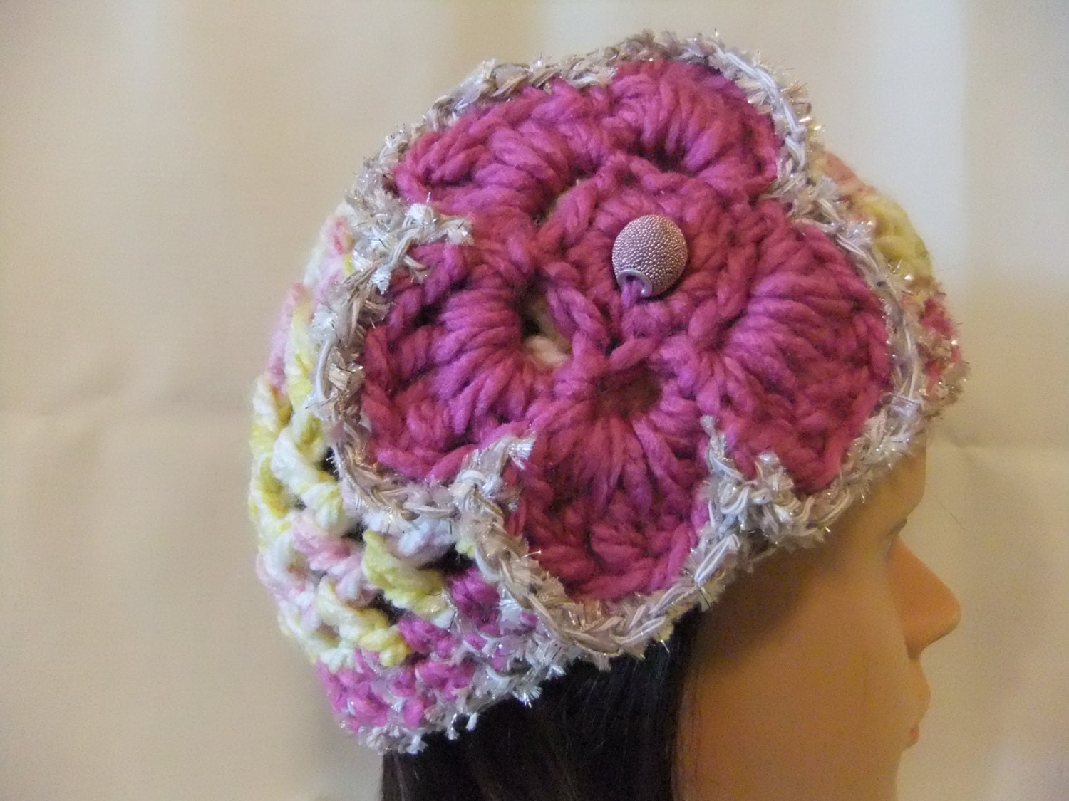Hand Crocheted Girl Slouchy Beanie Hat Accessory Handmade Hat in Pale Pink Yellow White Color with Flower and Button