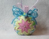 Quilted Easter ornament - no sew - yellow, pink, and white easter egg print fabric, easter ribbon, blue and pink bow