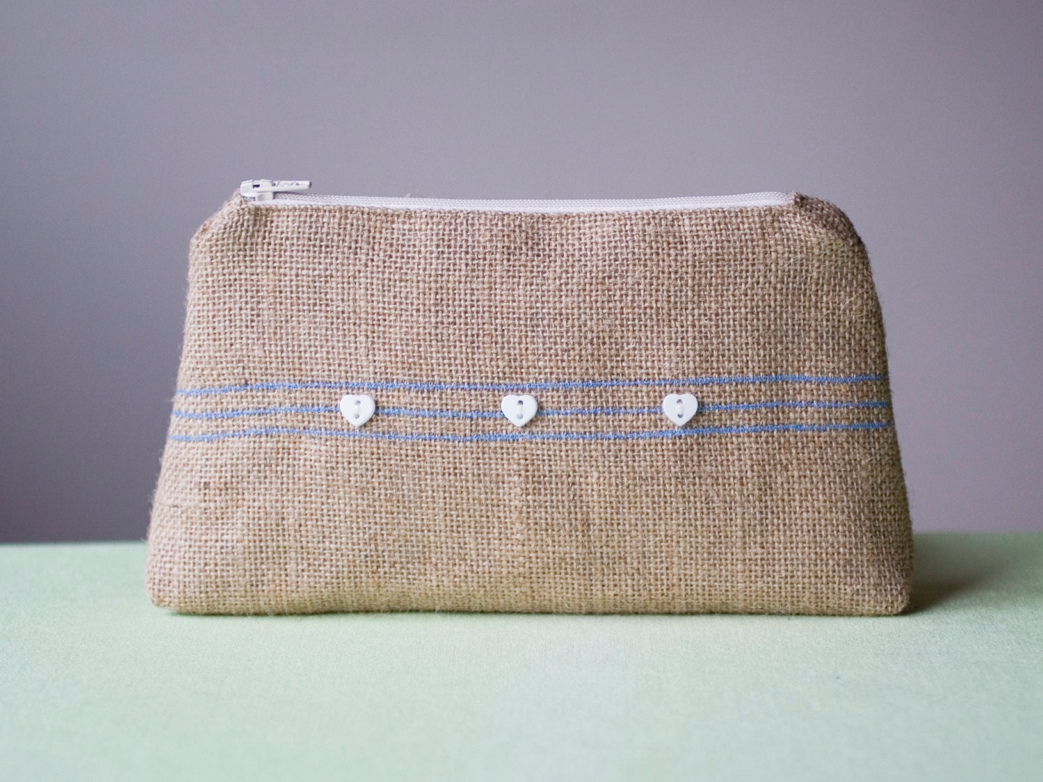 Make up bag, eco friendly, zipper purse, zipper pouch, burlap pouch, cosmetic pouch - blue stripes white hearts