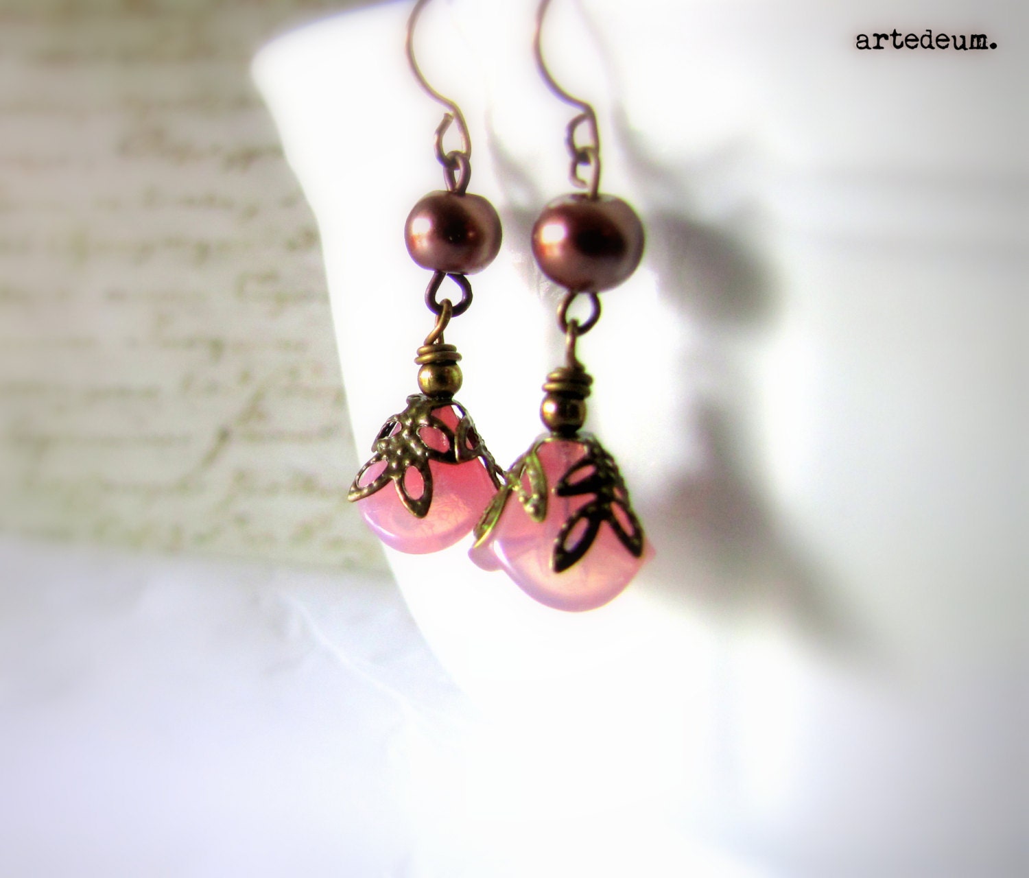 Free Shipping - Flower earrings Antique style Earrings  Vintage Inspired  Pink earrings Romantic