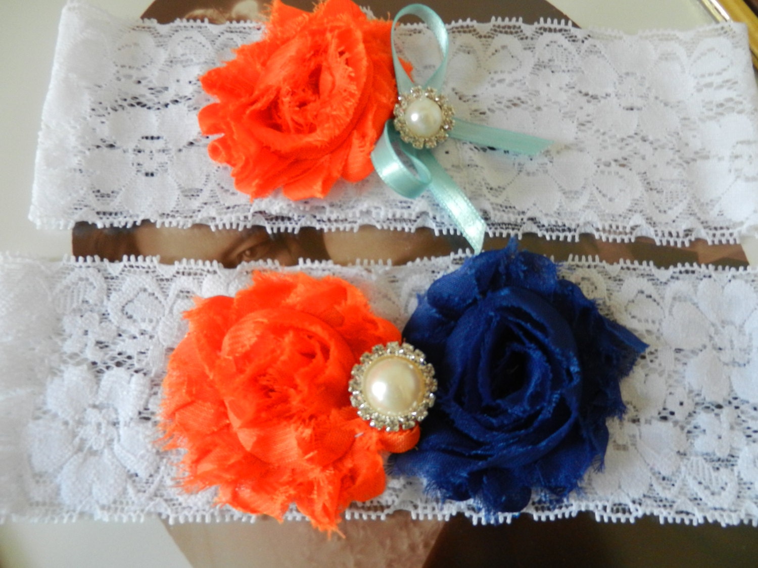 Weddings Garters, Bridal Garter Set, Lace Garter, Royal Blue - Orange Garter, White Lace Garters, Keepsake Shabby Rose Garter - U PICK COLOR