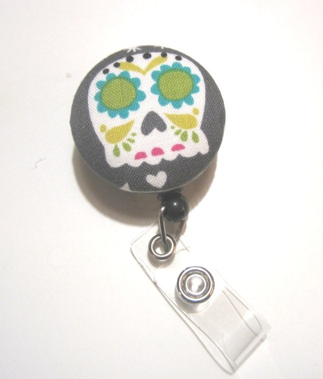 Retractable ID BADGE Reel Holder, Lanyard- Cute Grey Bonehead Face, Skull