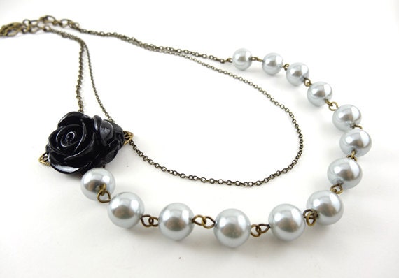 Asymmetrical Flower Necklace w/ Silver Beads - Floral Wedding Bridesmaid Jewelry
