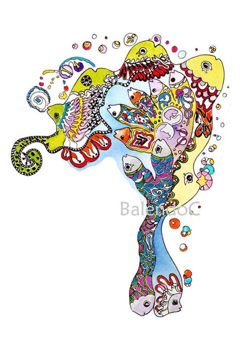 Art print of Original watercolor painting and ink and pencil drawing - illustration - Fish Tree - 5.8 x 8.3