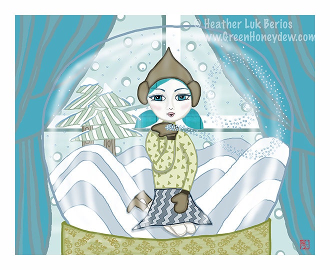 Snow Globe - ACEO / ATC Fine Art Print - Digital Painting - Fantasy, Whimsical, Girl, Christmas, Holiday Gift, Winter