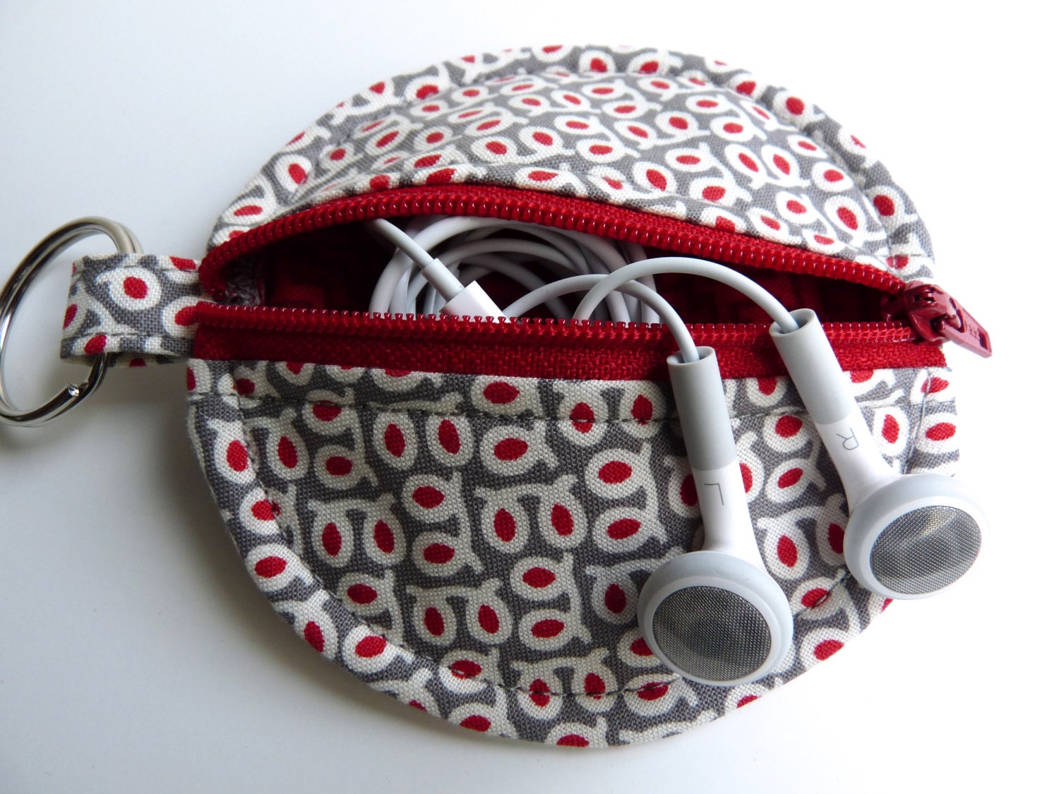Ear Bud Pouch - Zip Pouch - Pouch - Mini Pouch - Coin Purse - Coin Pouch - Zipped Pouch - Red/Grey