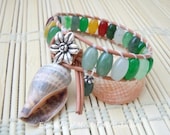 Multi-Agate Semi-Precious Barrel Semi-Precious Stones Brown Leather  Handmade Wrap Bracelet