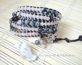 6mm Natural Blue labradorite & 4mm Natural Pink Aventurine Semi-Precious Stones Dark Brown Leather Wrap Bracelet Handmade