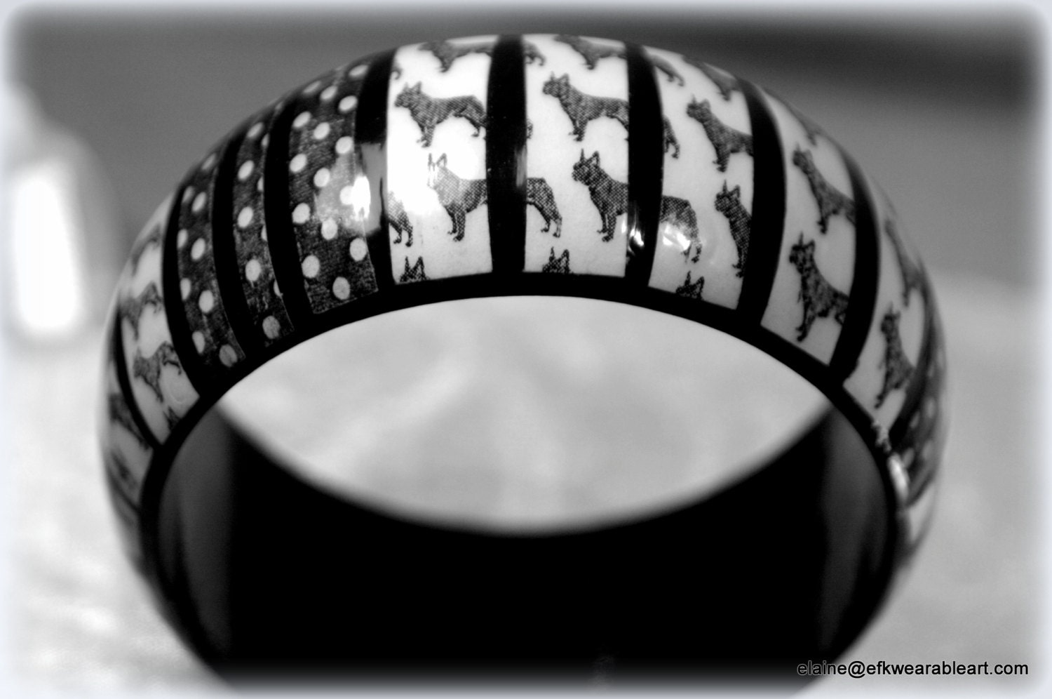 French Bulldog Jewelry --  Black and White French Bulldog Bracelet Bangle, Decoupage Bangle