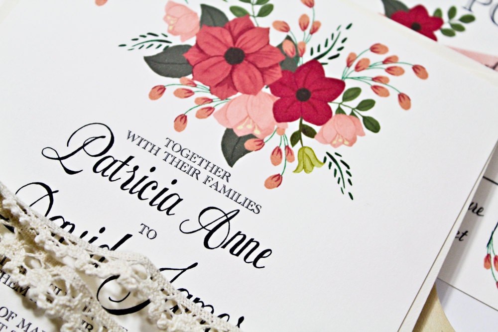 Hand Painted Floral Wedding Invite in Pink: Qty100 Wedding Invitation & RSVP cards with envelopes 3.60ea - BeholdDesignz