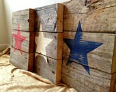 Recycled Pallet Wood Patriotic American Star Signs - Distressed Rustic Red White and Blue - 4th of July Holiday Wall Decor - Set of 3