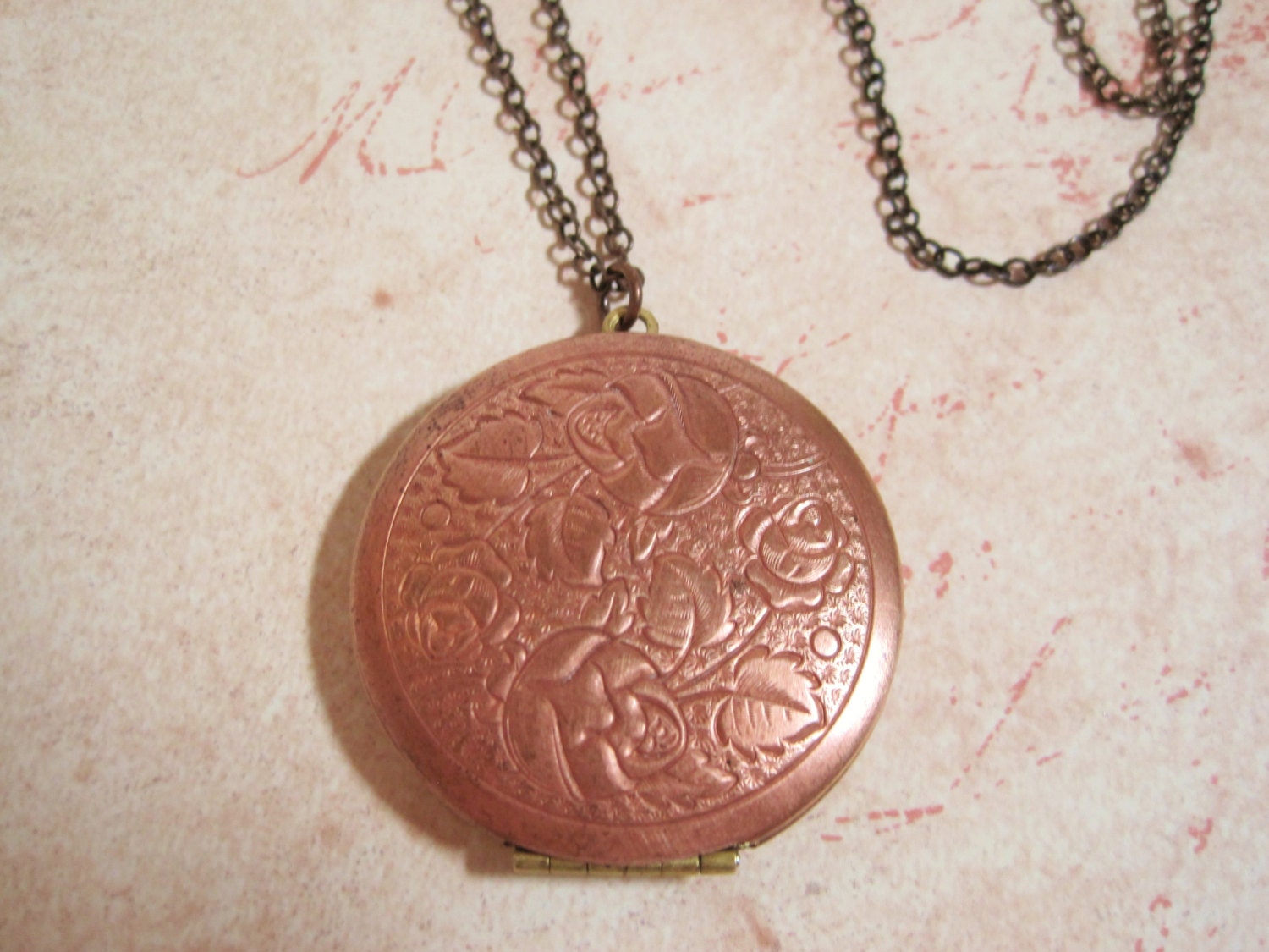 Vintage Brass Floral Roses Locket Pendant Necklace Round Copper Toned on Long Chain