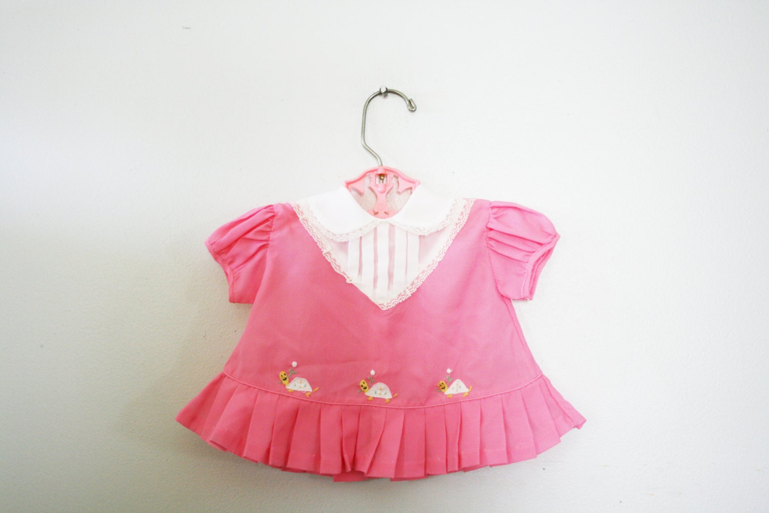 vintage 80s Cotton Candy Pink Tuxedo Front Turtles Embroidery Little Girls Blouse or Dress
