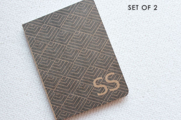 personalized notebooks - geometric black monogrammed sketch book - art-deco inspired rhombi - set of 2