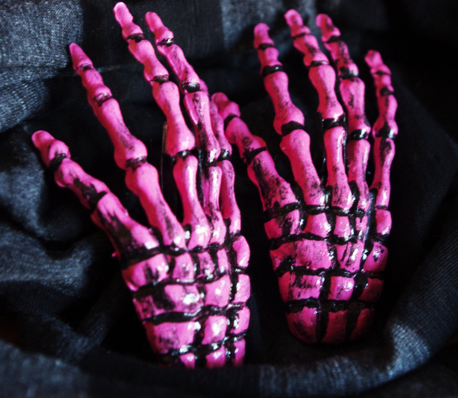 Pair of Pink Hand Painted Skeleton Hand Hair Clips Halloween/Horror/Emo/Goth/Rockabilly/Psychobilly/Punk