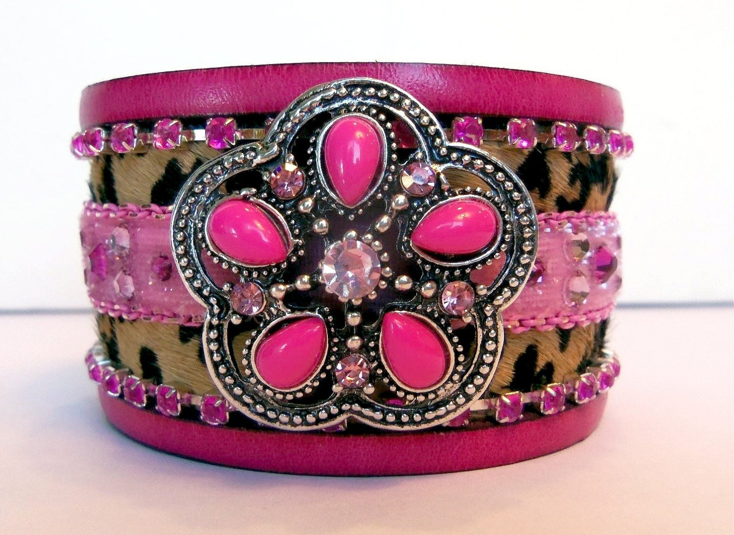 Cowgirl Statement Neon Pink Pendant Swarovski Crystals Hair on Hide Leopard Print Cowhide Leather Cuff Bracelet Boho Chic
