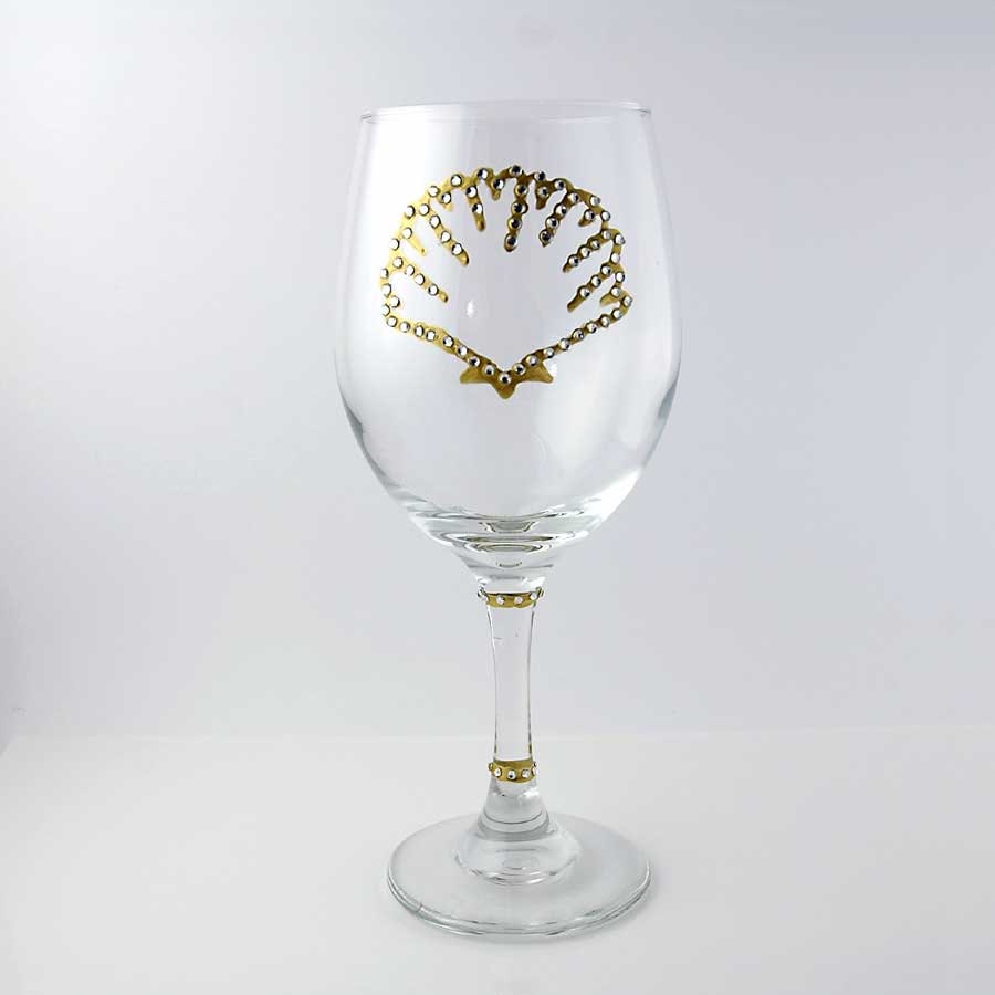 Shell Bling Wine Glasses, Clear Rhinestones, Gold Glass Paint, 20 oz. Wine Glasses