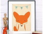 Retro poster - fox, vixen, forest animals - vintage print, A3, nursery wall decoration, retro wall decor, cute baby animal