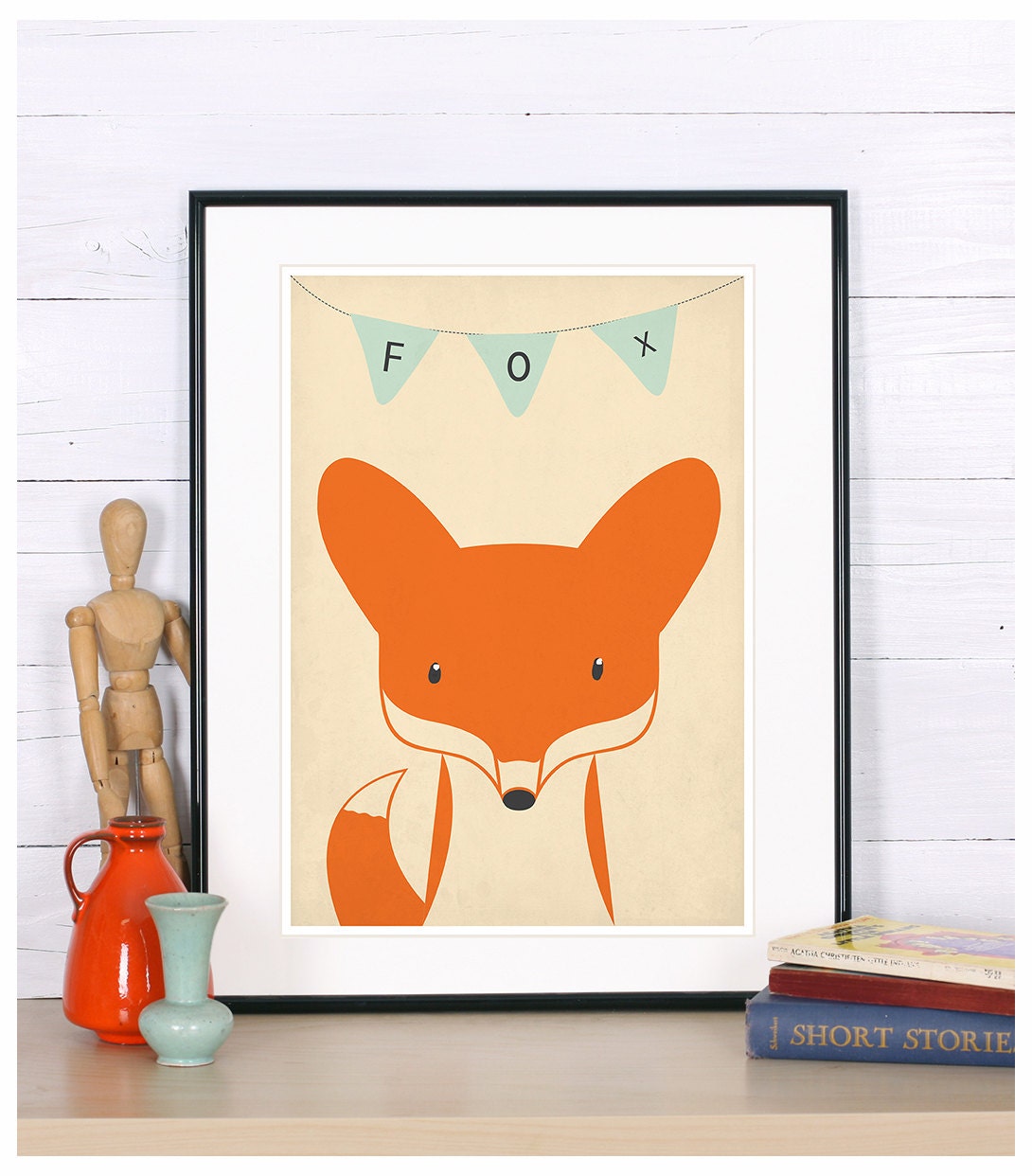 Retro poster - fox, vixen, forest animals - vintage print, A3, nursery wall decoration, retro wall decor, cute baby animal