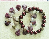 ON SALE Garnet Pearl Swarovski Beads, Amethyst Glass Beads, Antique Brass Beads and Leaves Bracelet/ Stretch bracelet set/  Stacking bracel