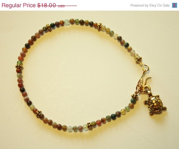 ON SALE Green Jasper Beaded Anklet / Gold Turtle Charm/ Dainty Handmade Anklet / Summer Jewelry/ Beach Accessory/ Fashion Jewelry