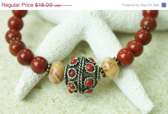 ON SALE Tibetan Bead, Red Jasper, Flower Jade Beaded bracelet / Toggle Clasp bracelet / Natural gemstones/ Handmade bracelet / Fashion Jewe