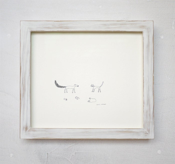 One-off Original Drawing 'Fox and Cat' in Bespoke Handmade Frame