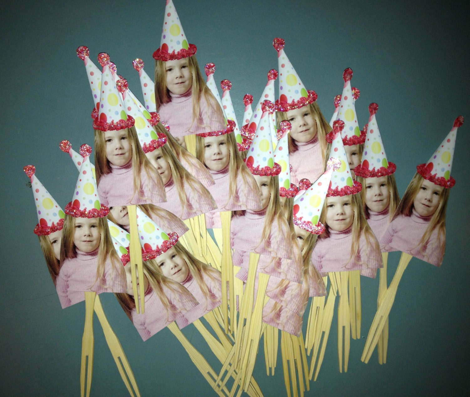 Hot pink Dot birthday hat photo cupcake toppers .