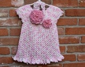 Crochet Baby dress - Crochet summer dress - pastel colors with flower and headband - child size, 12 month