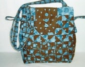 Blue and Brown Quilted Purse or Handbag, Repurposed and Upcycled Fabric Bag