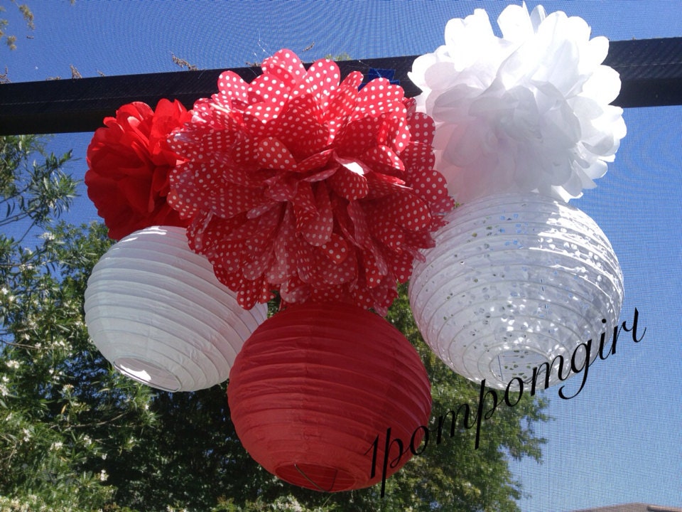 NEW  Peppermint Swirl   3 Tissue Paper Poms, 3 Decorated Lanterns (you choose your colors) Birthday, Nursery, Bridal Shower, Wedding
