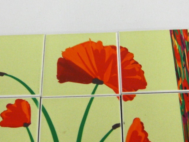 Poppies Mural A : 9 Ceramic Tile Set for backsplash, bathroom decor, or display