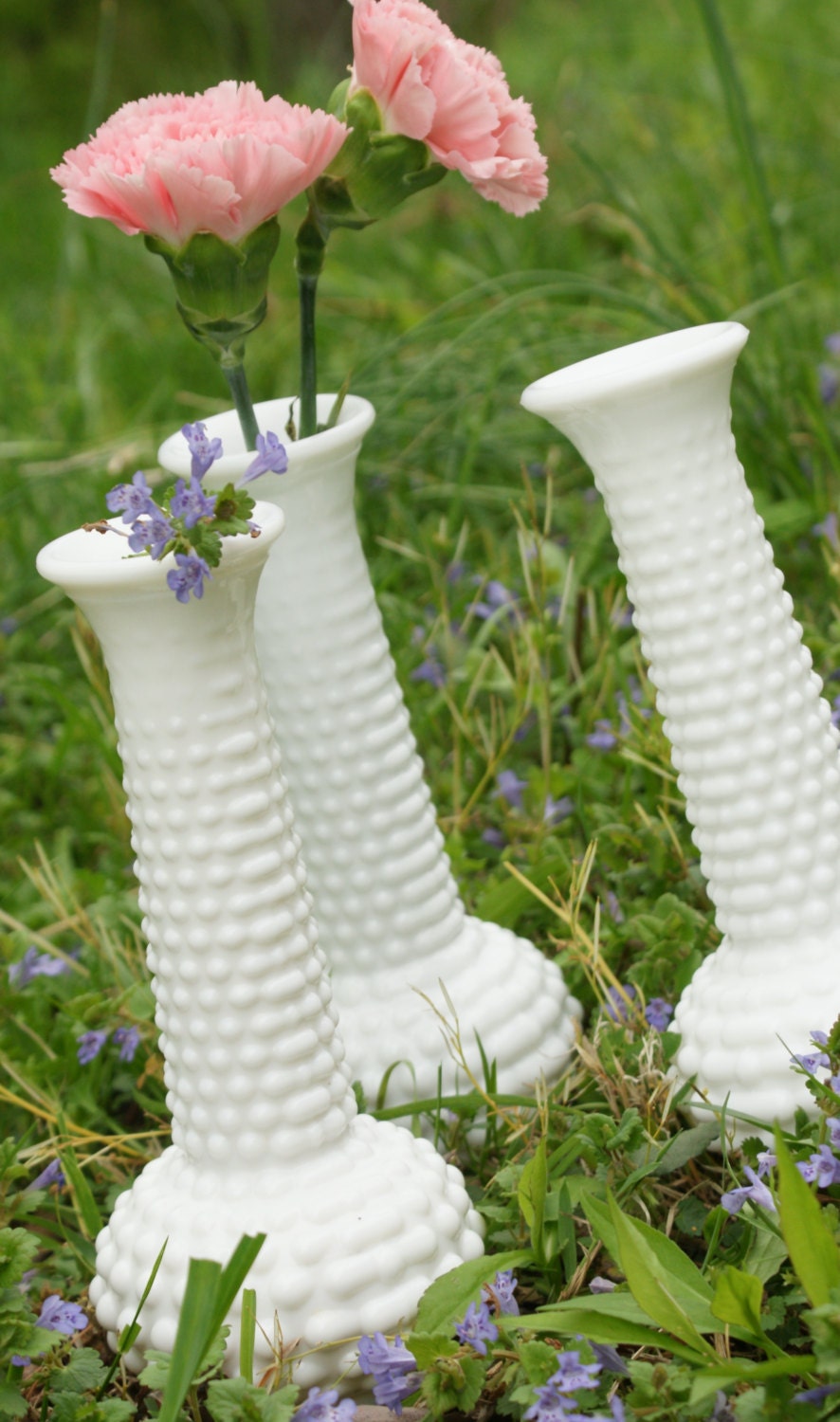 Vintage Milk Glass Group Bud Vases White Hobnail collection Wedding Shower Bridal Parties Cottage Chic Home  Garden Decor
