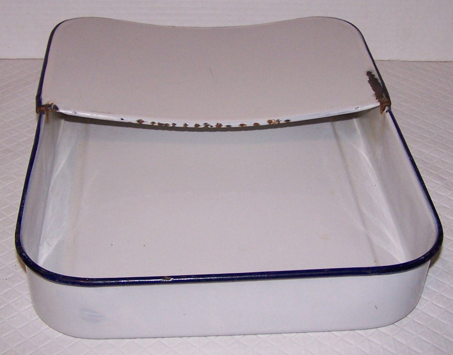 Vintage Enamelware Bed Pan with Navy Blue Trim & Attached Partial Lid