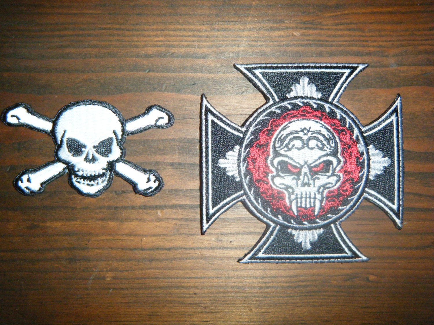 Two (2) - SKULL cross CROSSBONES  - iron on 100% embroidered patches -  poison death halloween skeleton death horror  metal  bones skulls
