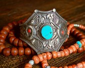 Bold Tibetan Repousse Turquoise Coral Cuff Bracelet
