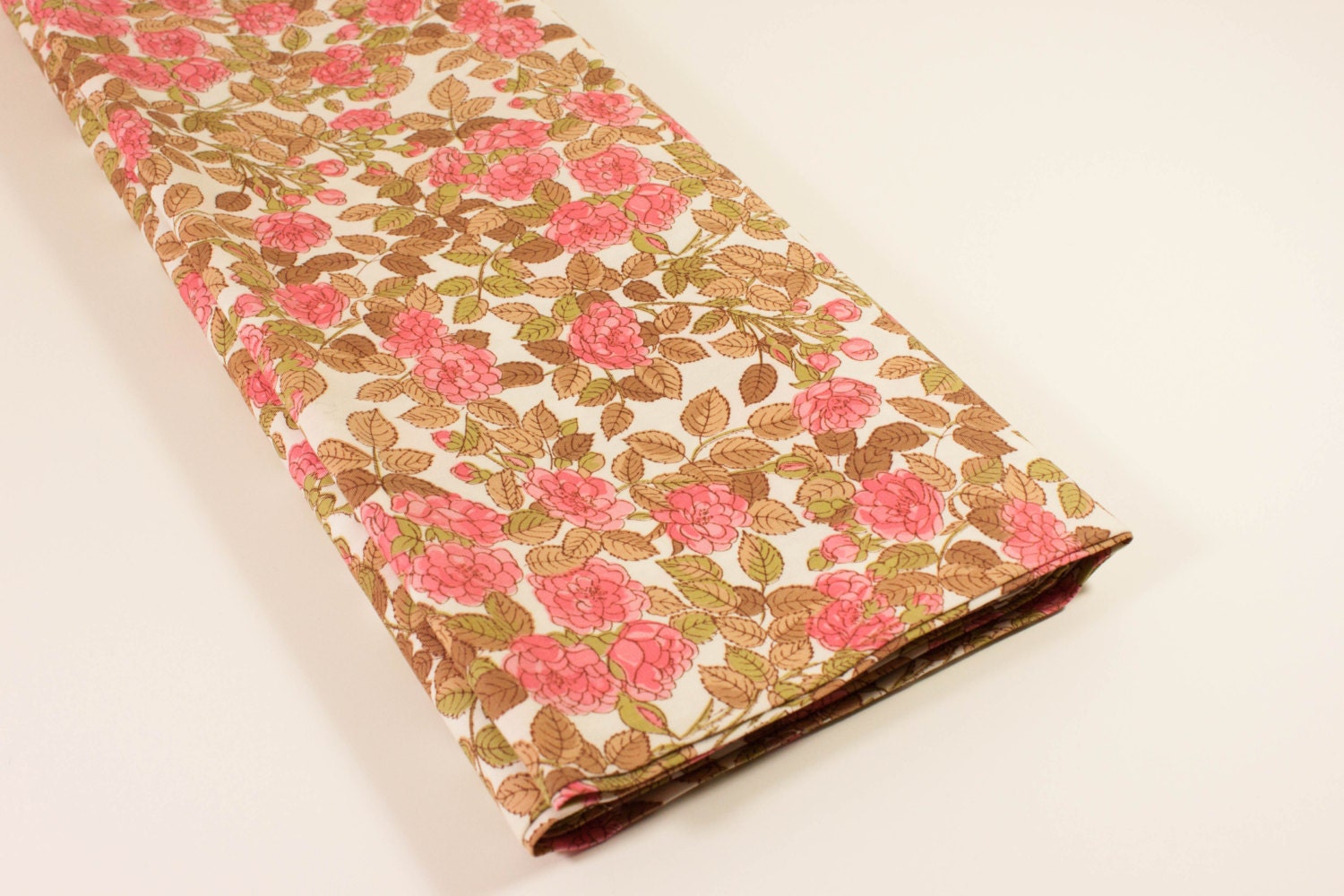 Vintage Fabric - Cotton Print - J Manes Co - Flowers and Leaves White with Pink Flowers and Brown and Green Leaves Material - Quilting