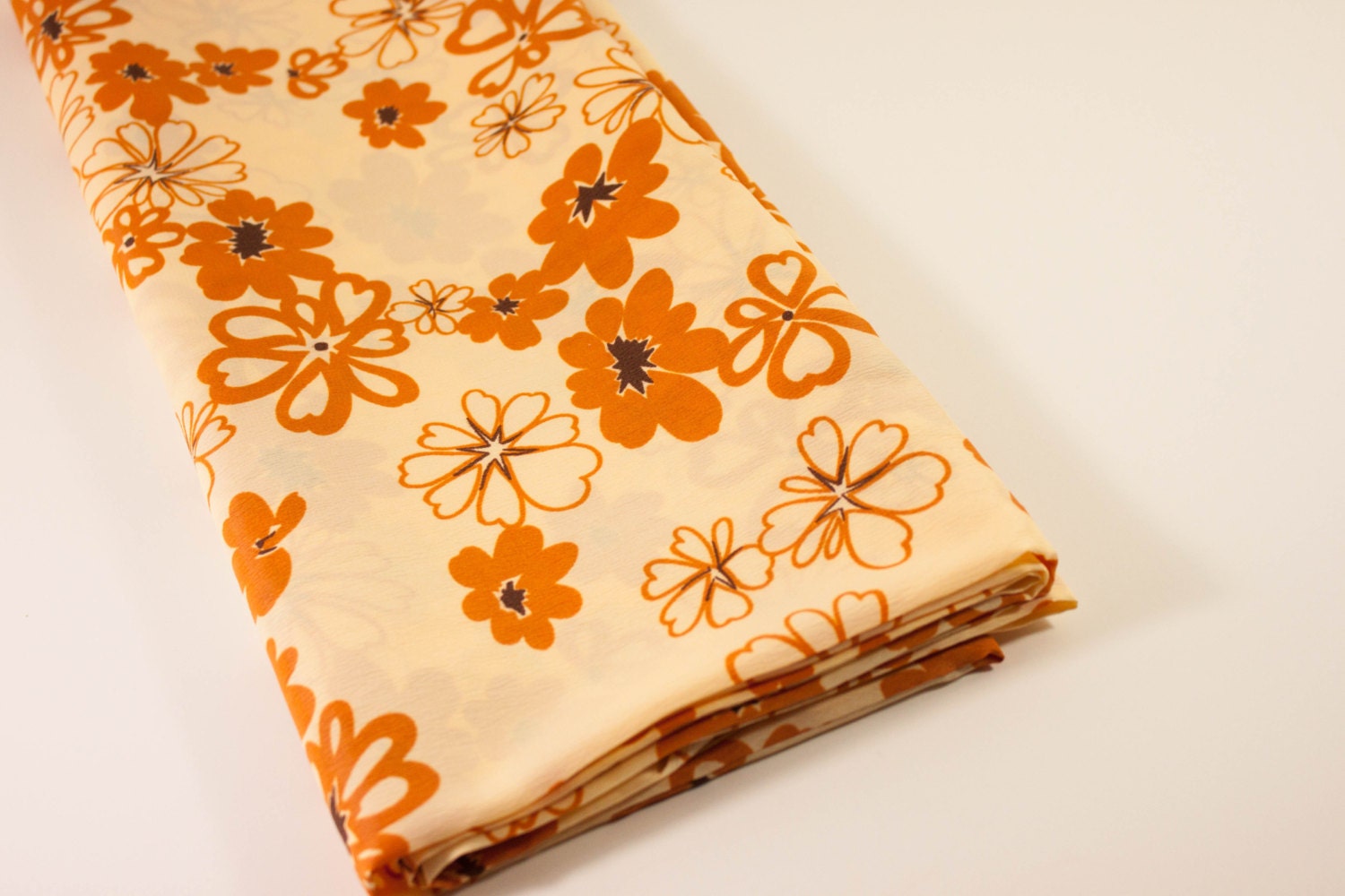 Vintage Fabric - Poly Crepe Fabric - Floral Print Material - Pumpkin Orange, Brown and Tan