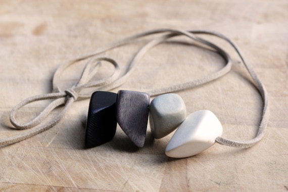 Necklace with Ombre wooden nuggets in black white and grey
