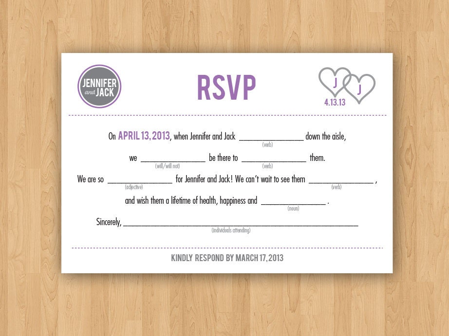 Gray & Purple 4X6 DIY Printable Wedding Mad Libs RSVP